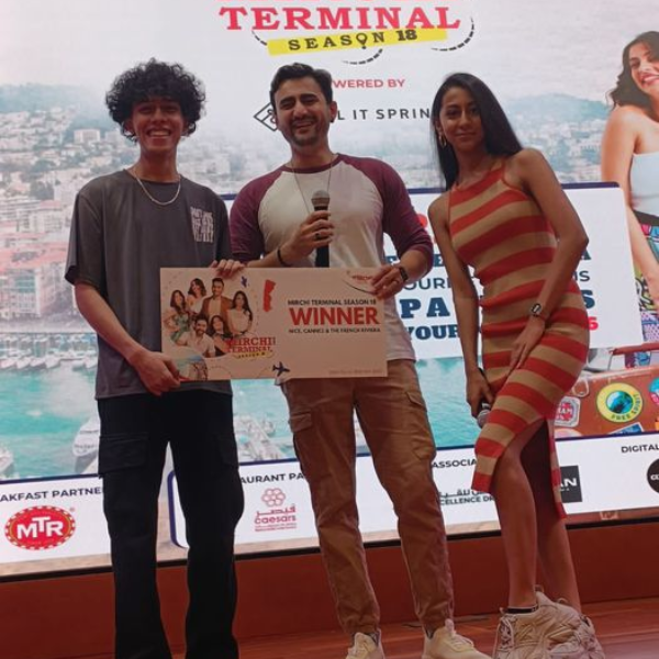 On the first day of student induction at DMU Dubai, Fahad Tariq, a second-year Business Management student, wins the trip to France with Radio Mirchi UAE